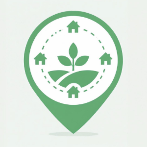 Green eco location pin with plant leaves and small home icons inside