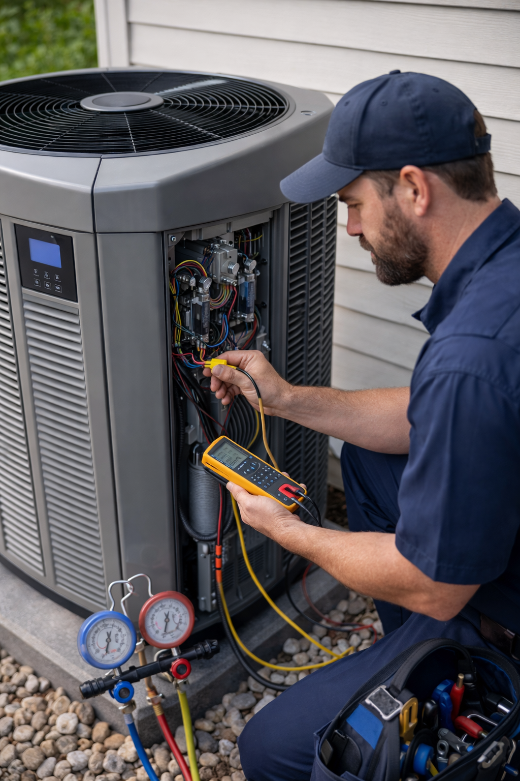 Technician using a multimeter to test an outdoor HVAC unit with attached pressure gauges on a gravel surface.