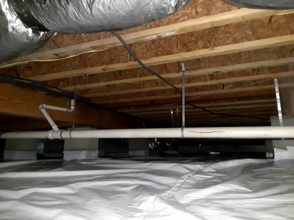 The ceiling of a basement with a lot of pipes hanging from it.