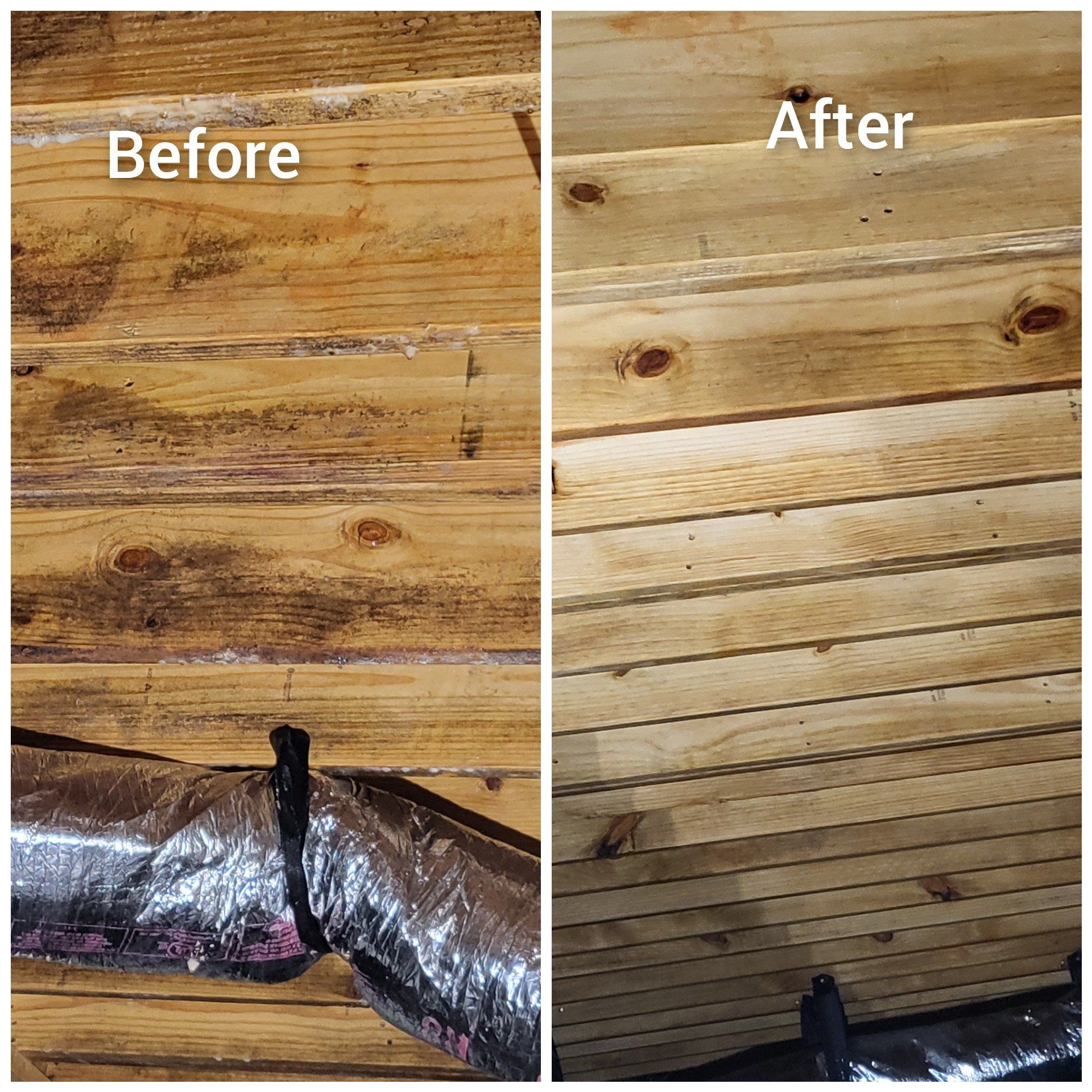 A before and after picture of a wooden ceiling.