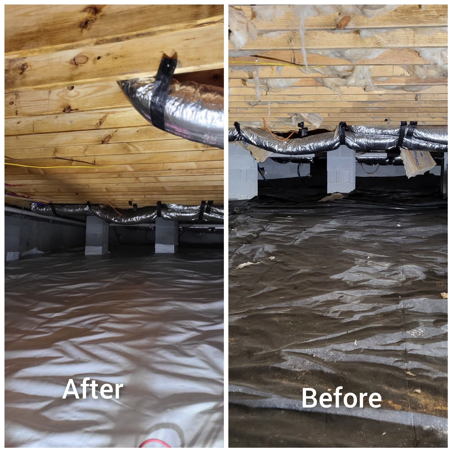 A before and after picture of a crawl space.