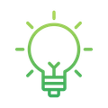 A green light bulb with rays coming out of it on a white background.