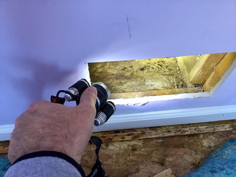 A person is looking through a hole in the wall with binoculars.