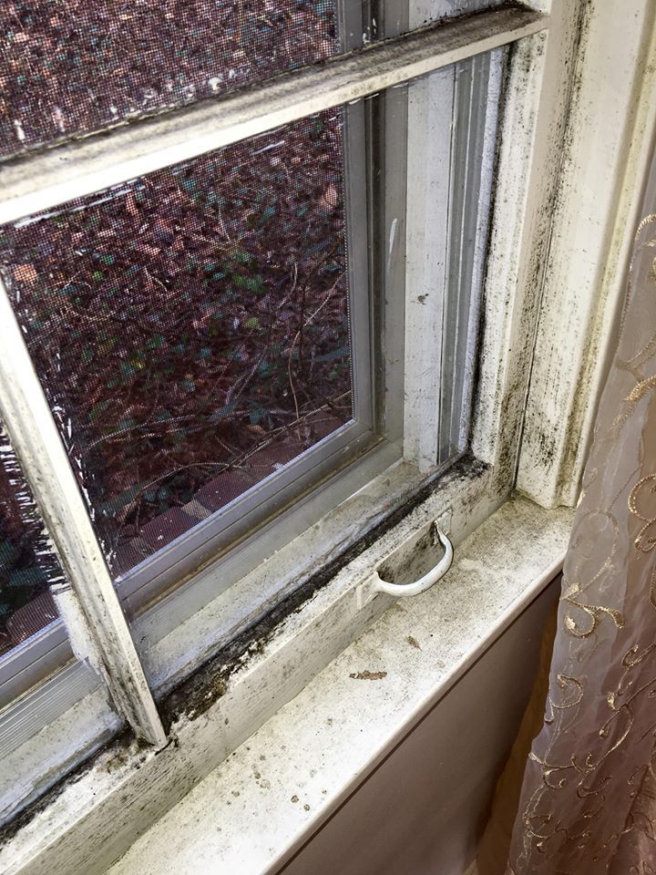 A close up of a dirty window with a handle on it.