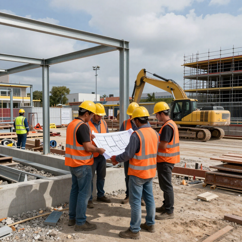 Construction workers in high-visibility vests examine building blueprints at a busy site with an excavator and framework.