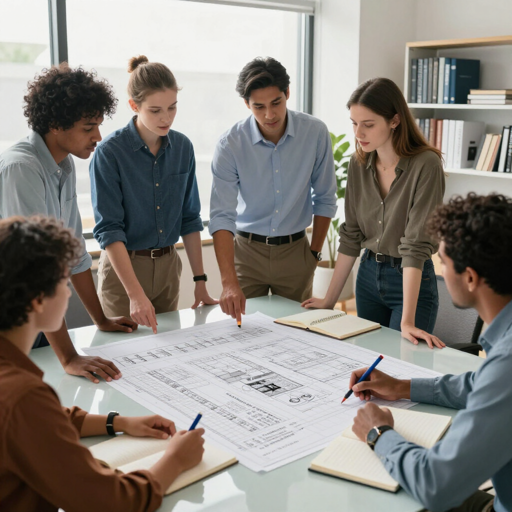 Six people gather around a table in an office, reviewing and pointing at a large architectural drawing or floor plan.