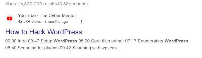 Screenshot of a SERP of a Google search for how to hack a wordpress ebsite