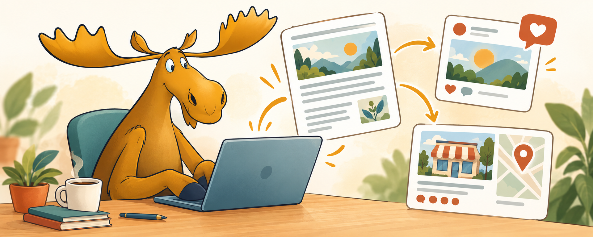 Moose at a desk using a laptop, with travel-themed cards and plants around it