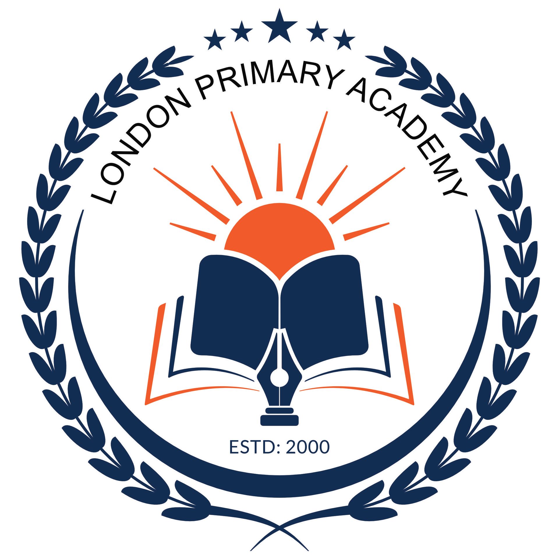 The logo for london primary academy is a circle with a book and a pen in it.