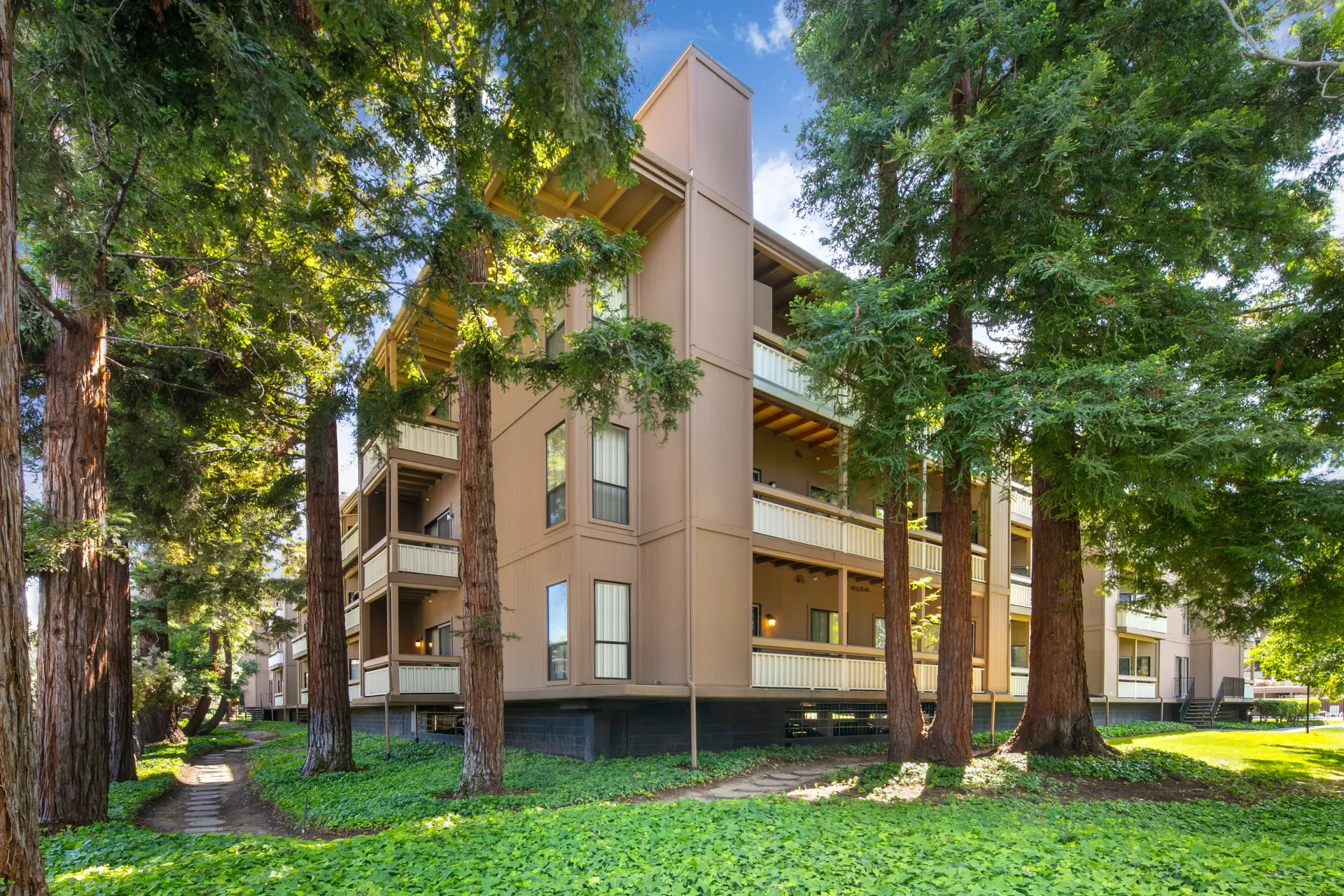 Exterior view of apartment building with balconies surrounded by tall trees and lush greenery.
