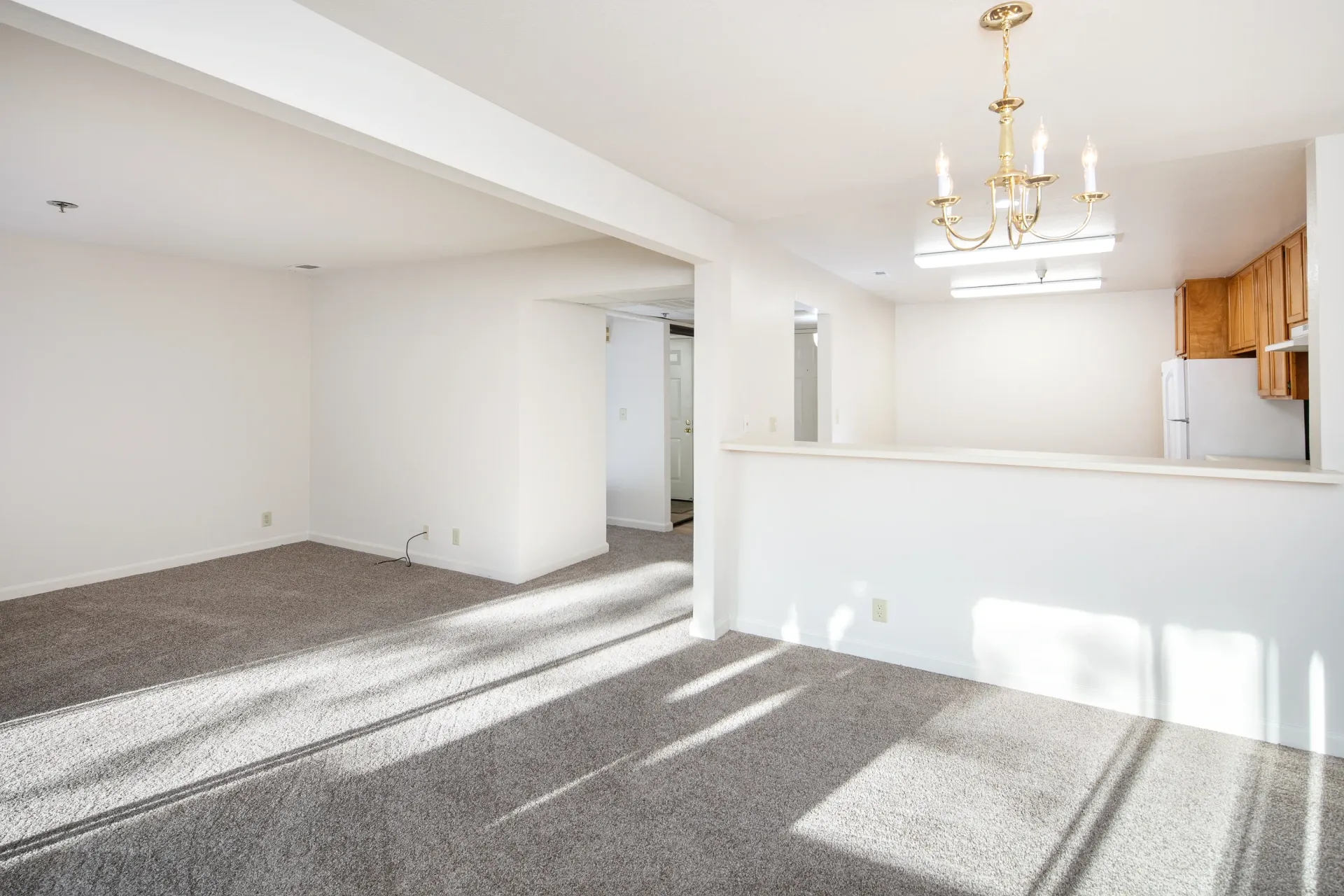 Empty living room with carpet and view of kitchen