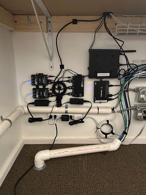 Wall-mounted plumbing and control equipment with pipes, valves, and cables in a utility room under a sink.