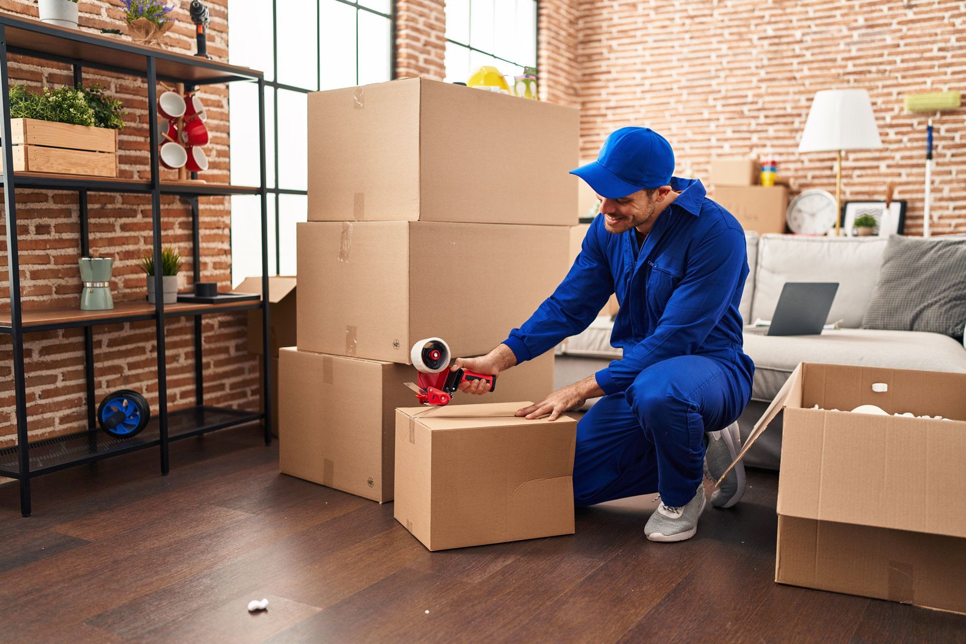 Man in blue jumpsuit seals cardboard boxes in a living room, preparing for a move.
