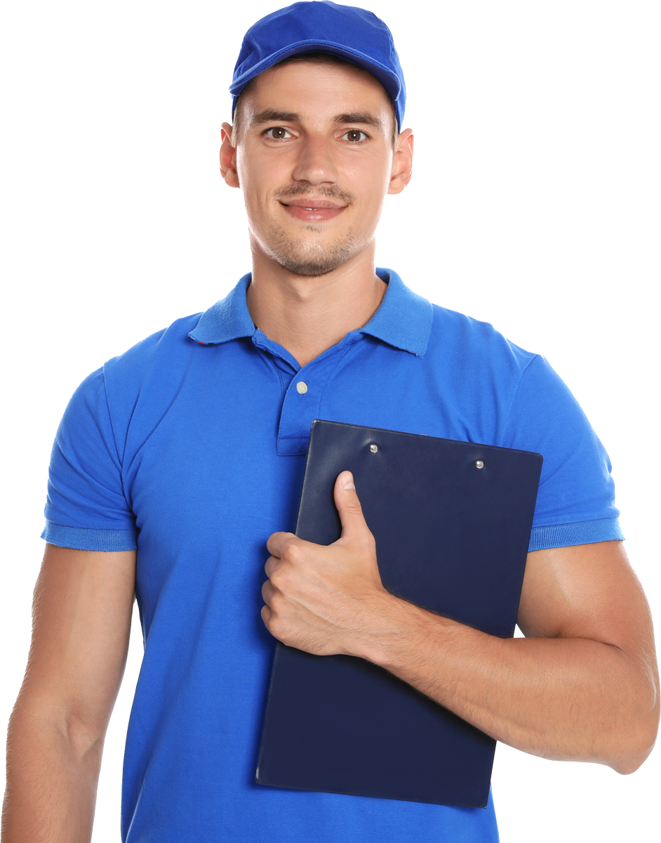 Man in blue uniform, holding clipboard, smiling.