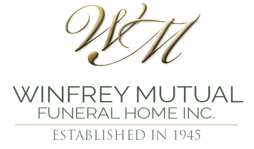 Winfrey Mutual Funeral Home Inc. logo with gold script WM and gray text, established in 1945