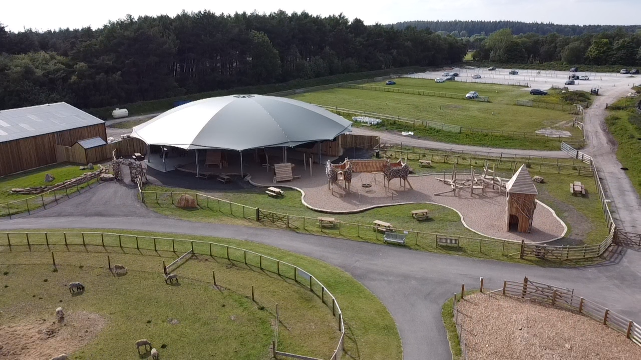 An aerial view of a roundhouse