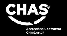A white logo on a black background that says chas accredited contractor chas.co.uk.