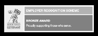 A sign that says employer recognition scheme bronze award proudly supporting those who serve.