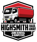 Highsmith Haul Away logo with a red-and-white dump truck and text for junk removal & dumpsters