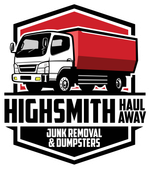 Highsmith Haul Away logo with a red-and-white dump truck and text for junk removal & dumpsters