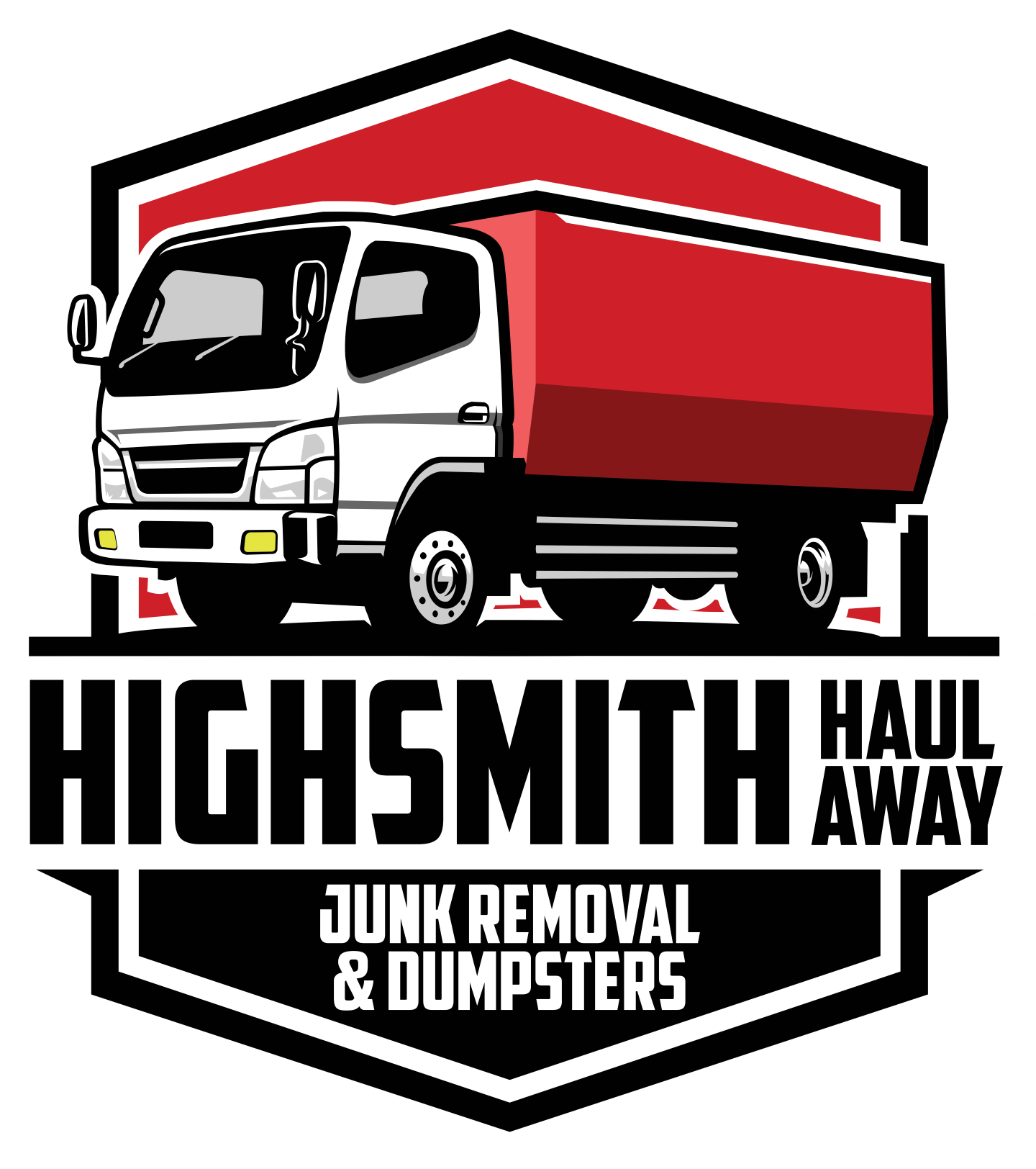 Highsmith Haul Away logo with a red-and-white dump truck and text for junk removal & dumpsters