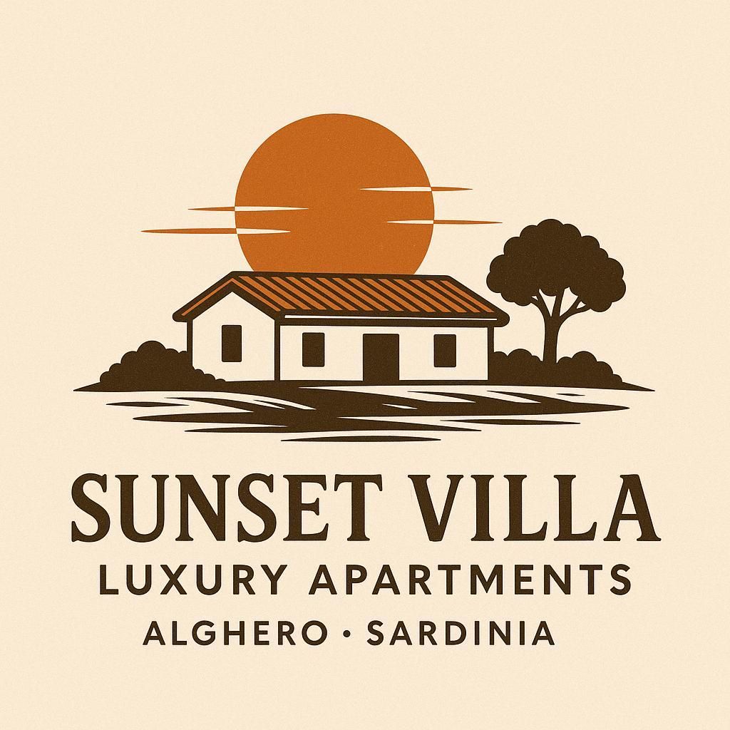 Logo: Villa al tramonto. Sole marrone, villa, albero, testo