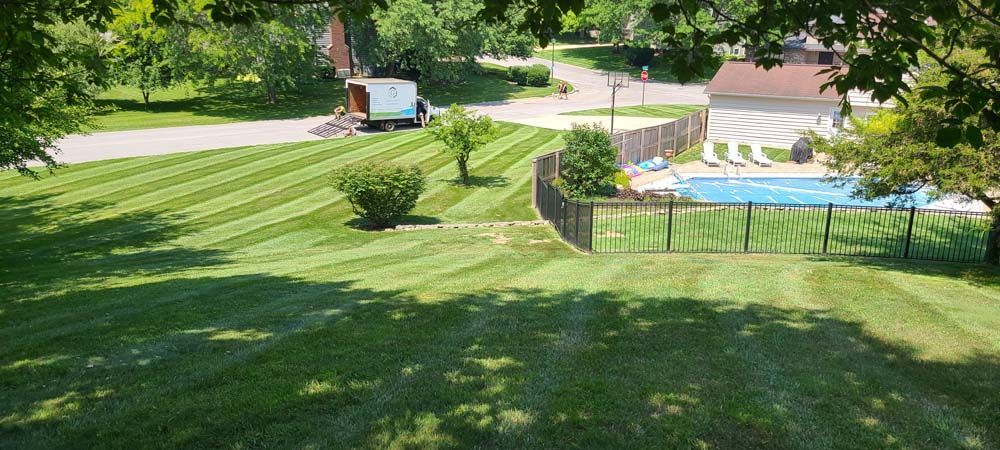 An Aerial View of a Lush Green Lawn With a Pool in the Background