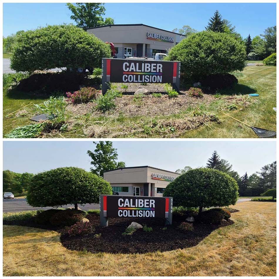 A Before and After Picture of a Caliber Collision Sign
