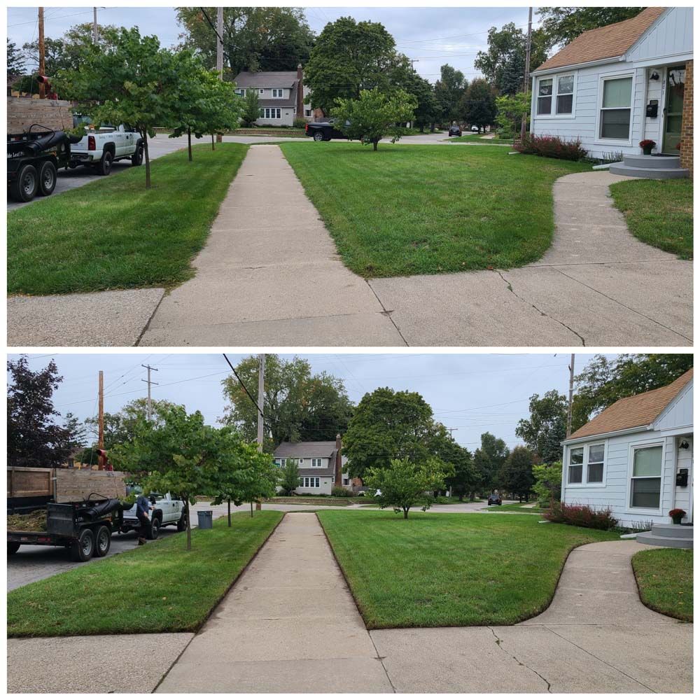 A Before and After Picture of a Lawn and Sidewalk