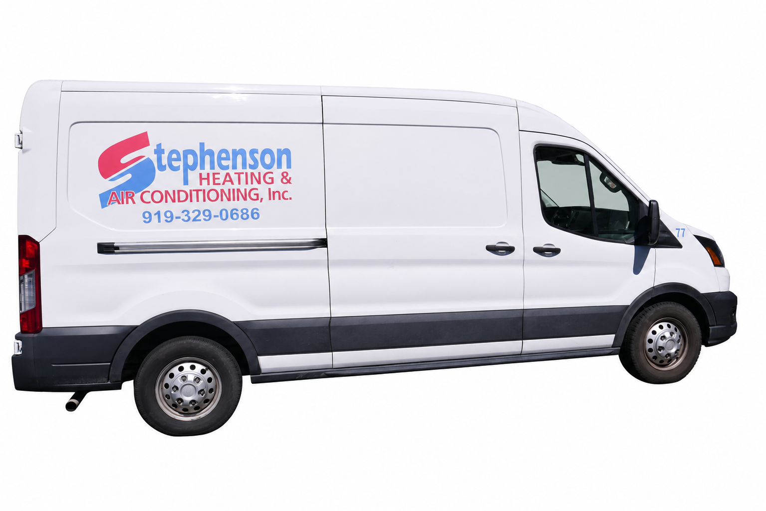 White Stephenson Heating & Cooling service van with company logo on the side