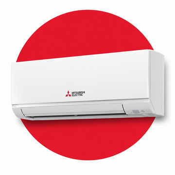 White wall-mounted air conditioner on a red circle background