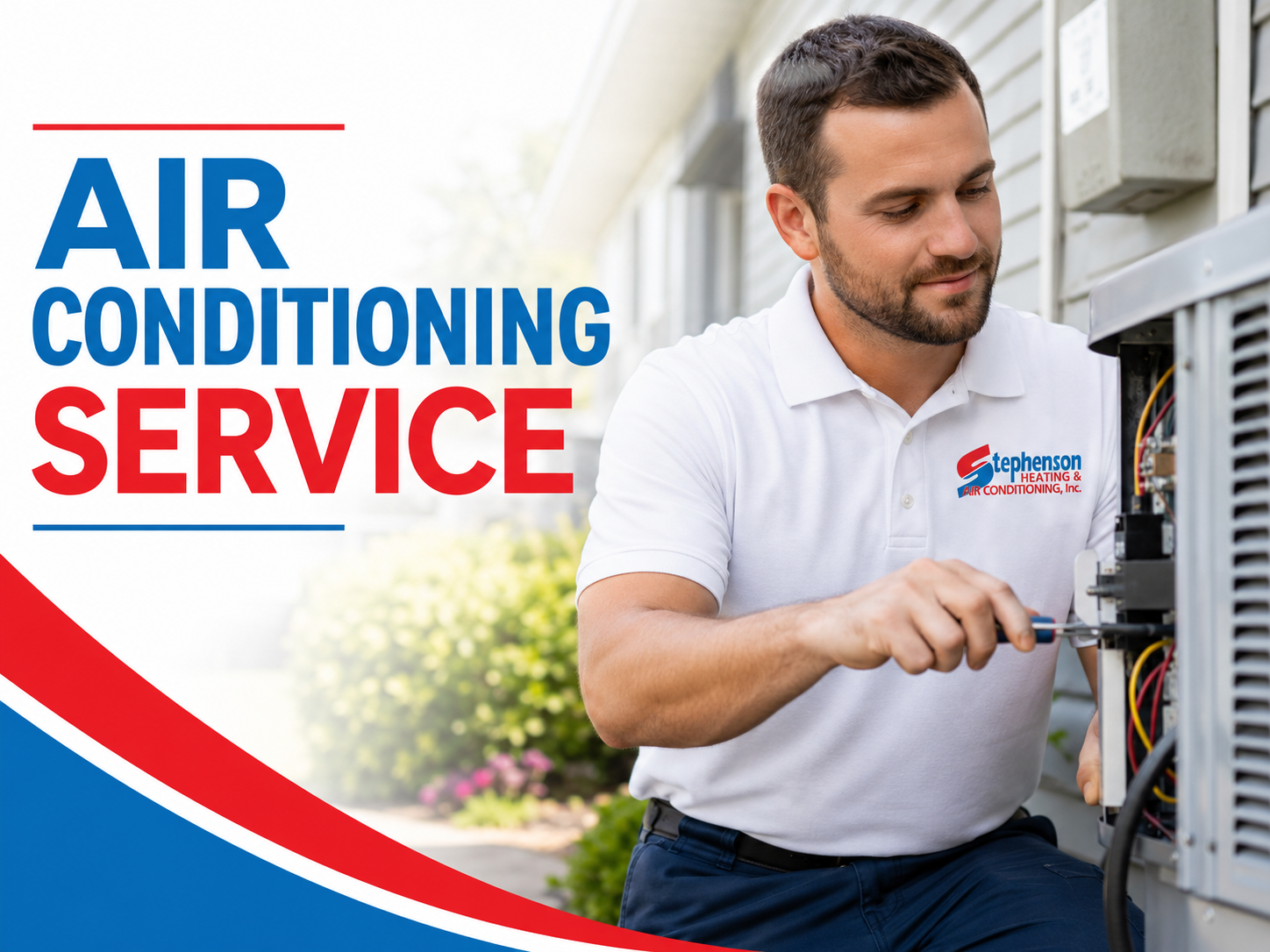 Air conditioning service ad with technician repairing an outdoor unit beside bold blue and red text