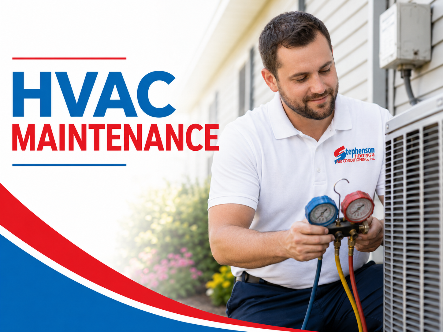 HVAC technician testing outdoor AC unit with gauges; “HVAC Maintenance” text on left