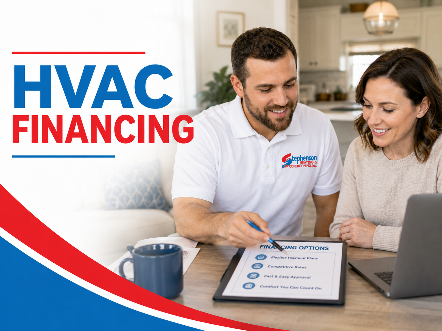 HVAC financing ad with two people reviewing a tablet at a table, logo on the left, laptop and coffee mug nearby