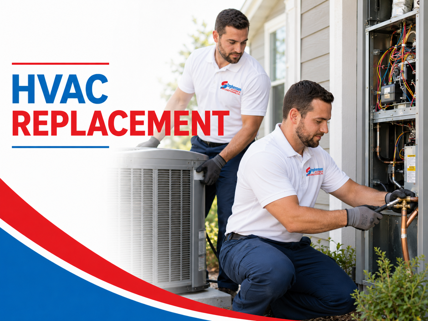 Technicians servicing outdoor HVAC unit with “HVAC REPLACEMENT” text and red-blue graphic accent