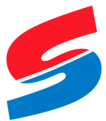 Abstract red and blue interlocking S-shaped logo on a white background