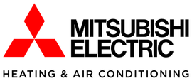 Mitsubishi Electric Heating & Air Conditioning logo with red emblem and black text on white background