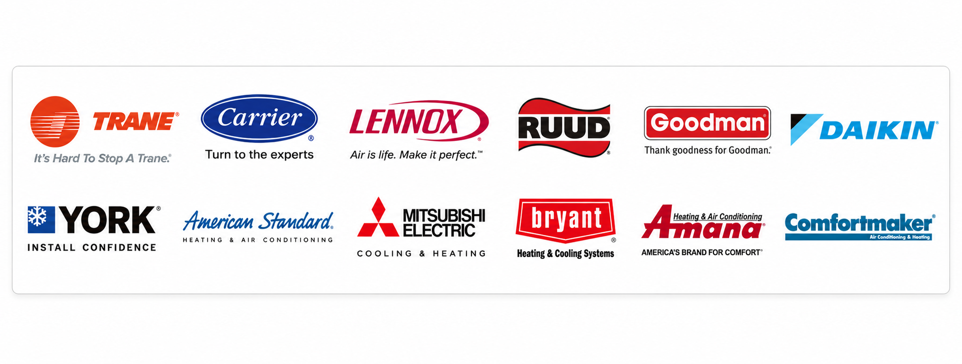 Grid of HVAC and home appliance brand logos on a white background.