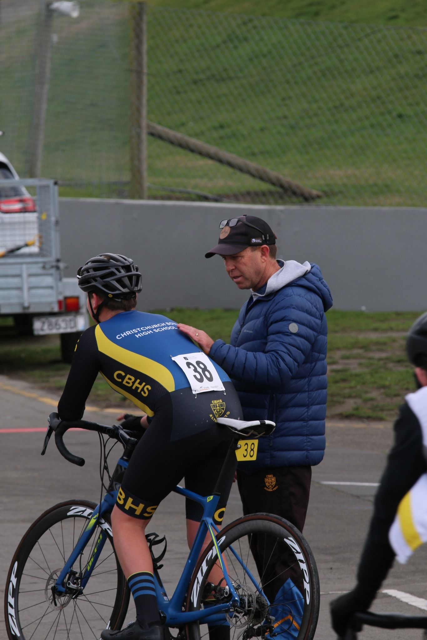 School cyclist racing in school uniform