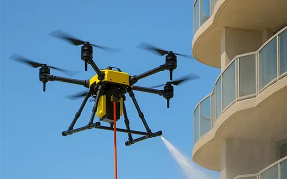 Drone spraying water on a building exterior. Yellow drone, blue sky, and a curved balcony.