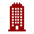 Red silhouette of a tall office building with multiple windows.