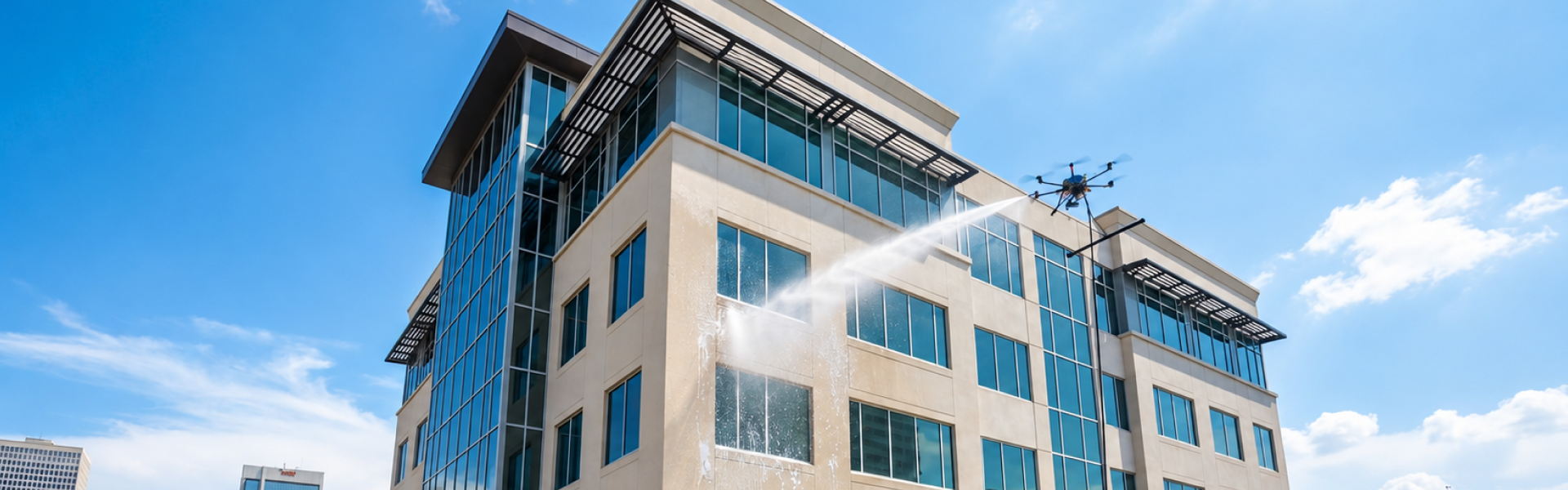 Drone with pressurized spray system approaching the upper facade of a multi-story Jacksonville commercial building on a clear day
