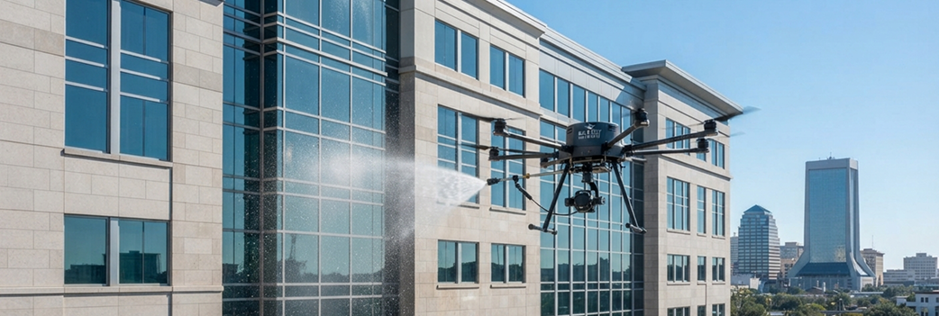 Drone cleaning the upper facade of a multi-story commercial building in Jacksonville without scaffol
