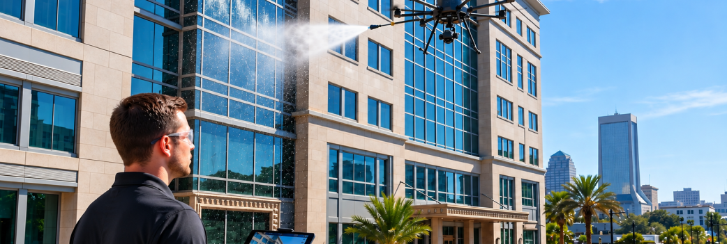  Drone operator on the ground controlling a cleaning drone working on the upper floors of a Jacksonville commercial building