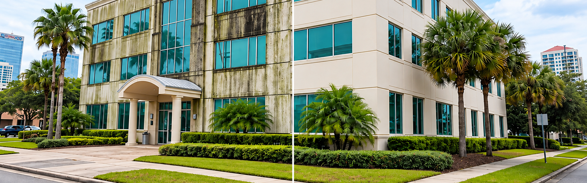 Commercial building exterior in Jacksonville FL showing algae and mold buildup before drone pressure washing and a clean facade after.