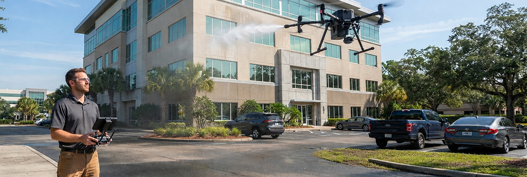 Bold City Drone Wash FAA Part 107-certified operator reviewing a Jacksonville commercial property exterior before selecting wash method, no lifts or ladders on site