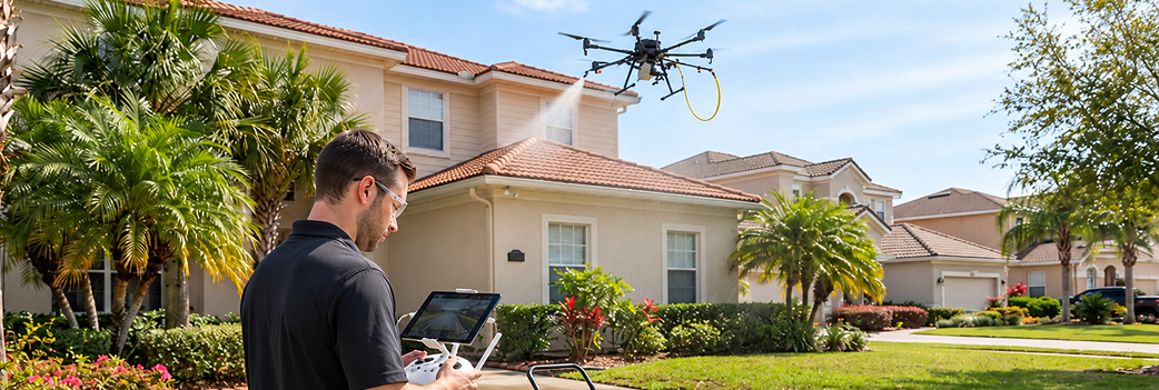  Drone operator on the ground controlling a drone during a residential house washing job in Jacksonville, with the drone visible above the roofline