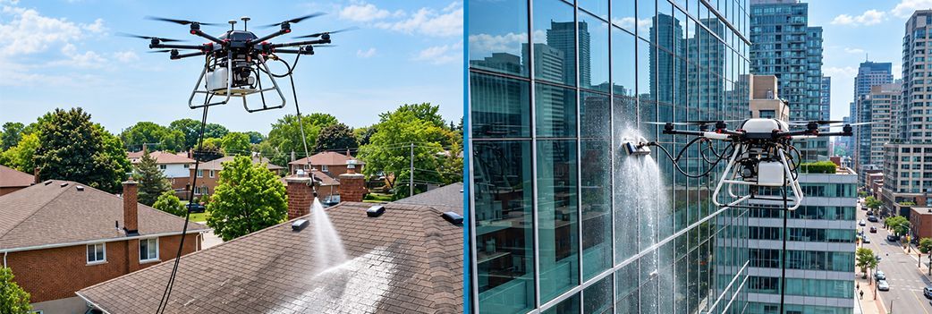 Split image showing a drone cleaning a suburban home roof and a commercial building facade