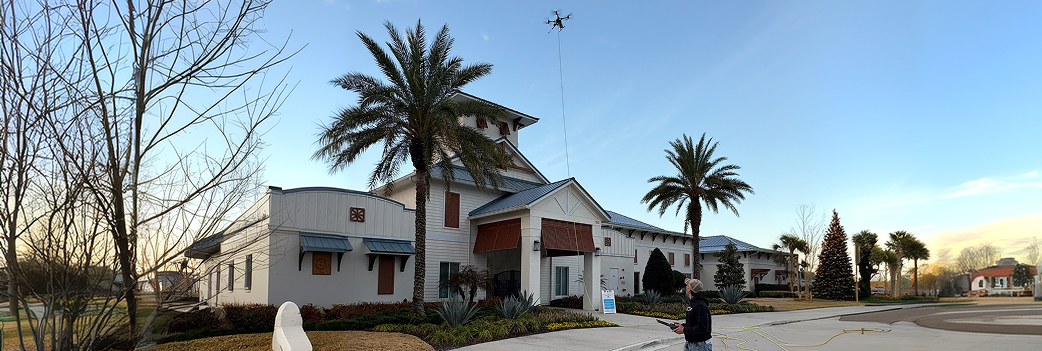 Split image showing a drone cleaning a suburban home roof and a commercial building facade