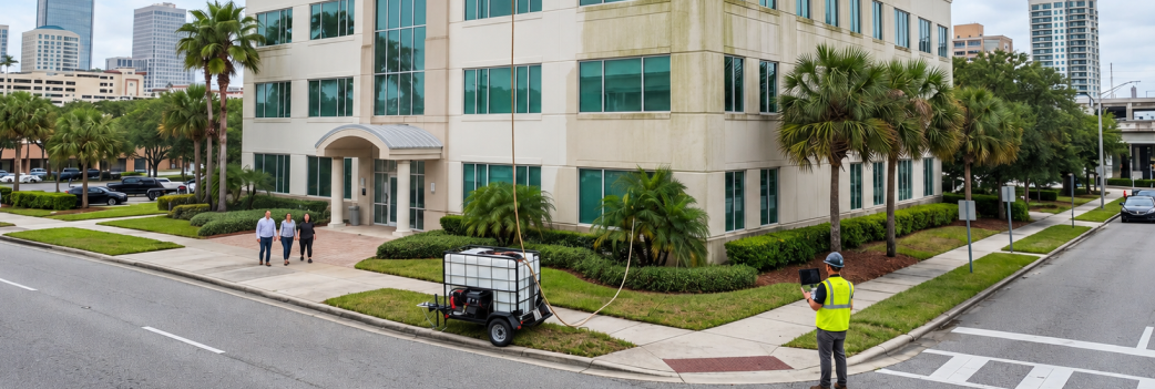 Drone cleaning the upper facade of a multi-story commercial building in Jacksonville FL with operat